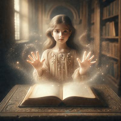 The primary subject of the image is a young girl with long hair, who appears to be floating or flying through the air. She is holding her hands out, as if she is flying through the air. The setting is a room with a bookshelf in the background, and the visual style is a digital art or illustration. The colors and mood of the image are predominantly white and light, giving it a dreamy and ethereal atmosphere.